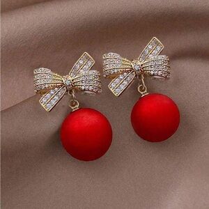 Gold Bow Rhinestones with Red Christmas Ornament Earrings